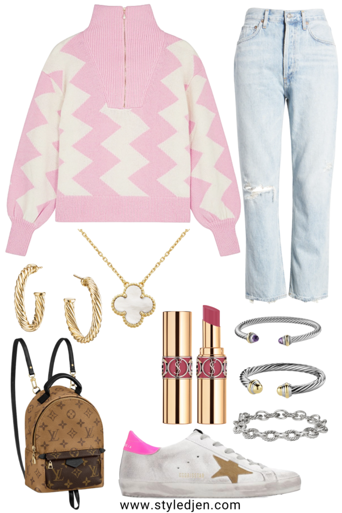 kitri pink zigzag sweater with agolde denim and golden goose sneakers