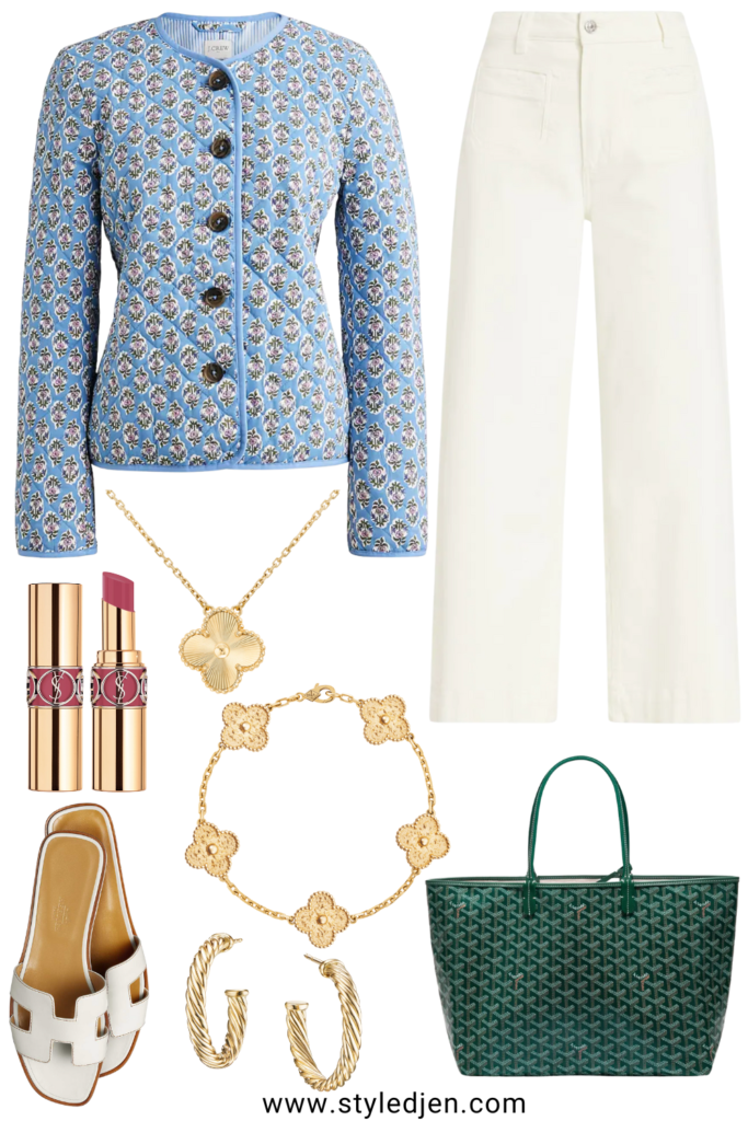 spring outfit ideas with j crew quilted blue jacket and white wide leg jeans