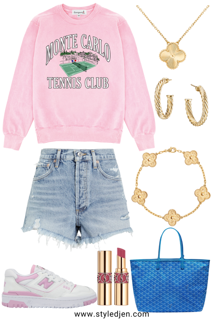 spring outfit ideas with tennis sweatshirt and denim shorts