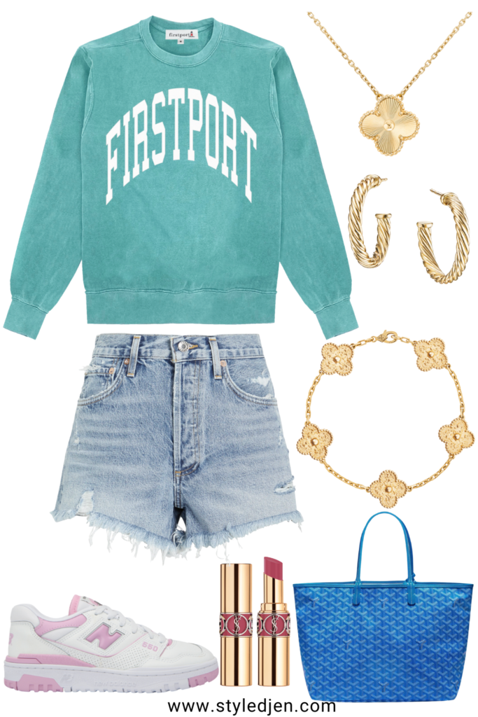 spring outfit ideas with firstport sweatshirt and denim shorts