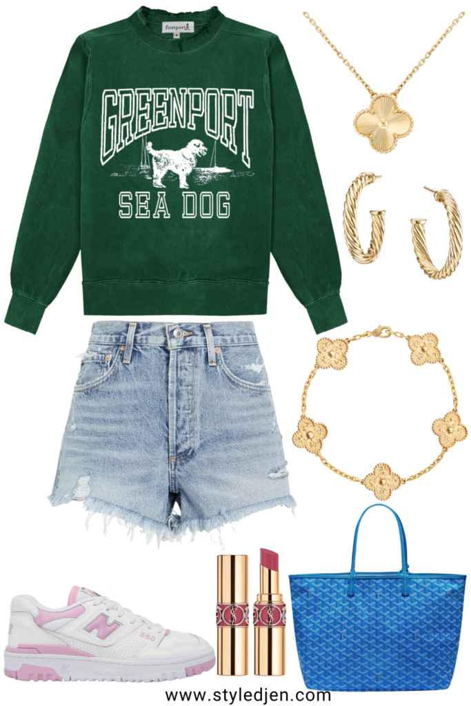 spring outfit ideas with sea dog sweatshirt and denim shorts