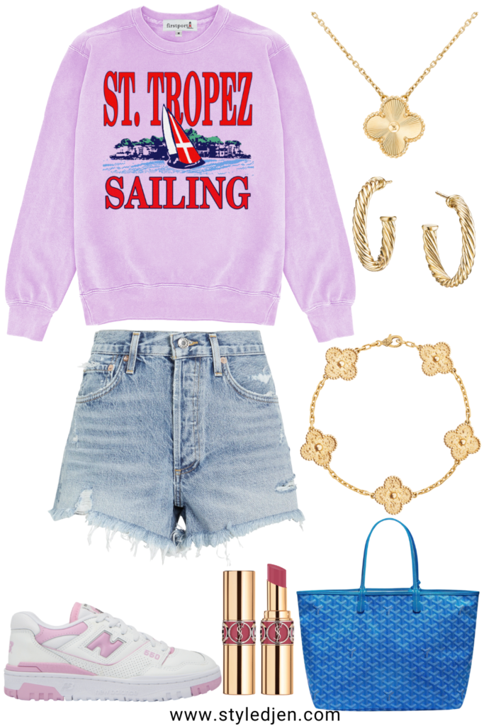 spring outfit ideas with sailing sweatshirt and denim shorts