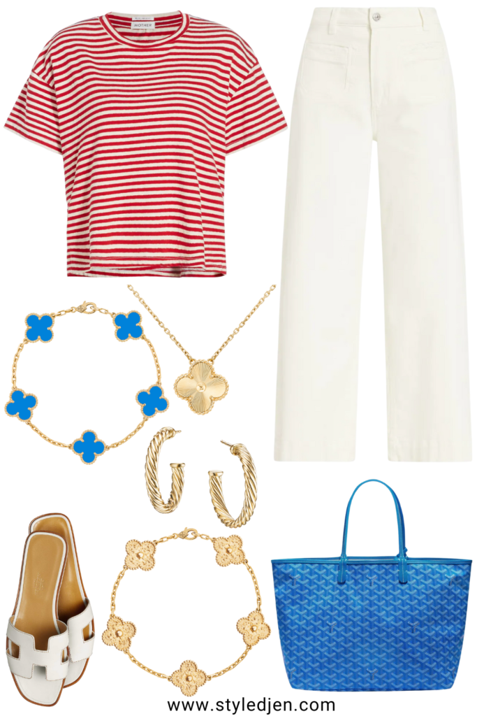 spring outfit ideas with red stripe tee and white wide leg jeans