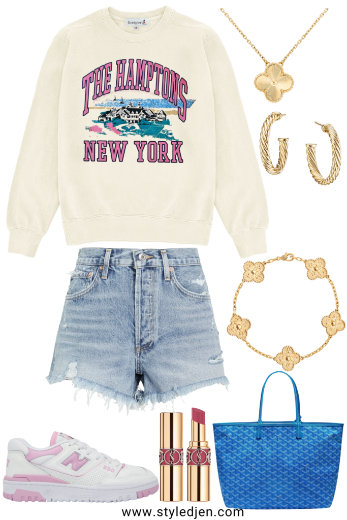 spring outfit ideas with hamptons sweatshirt and denim shorts
