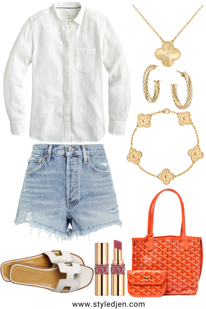 spring outfit ideas with white button down and denim shorts