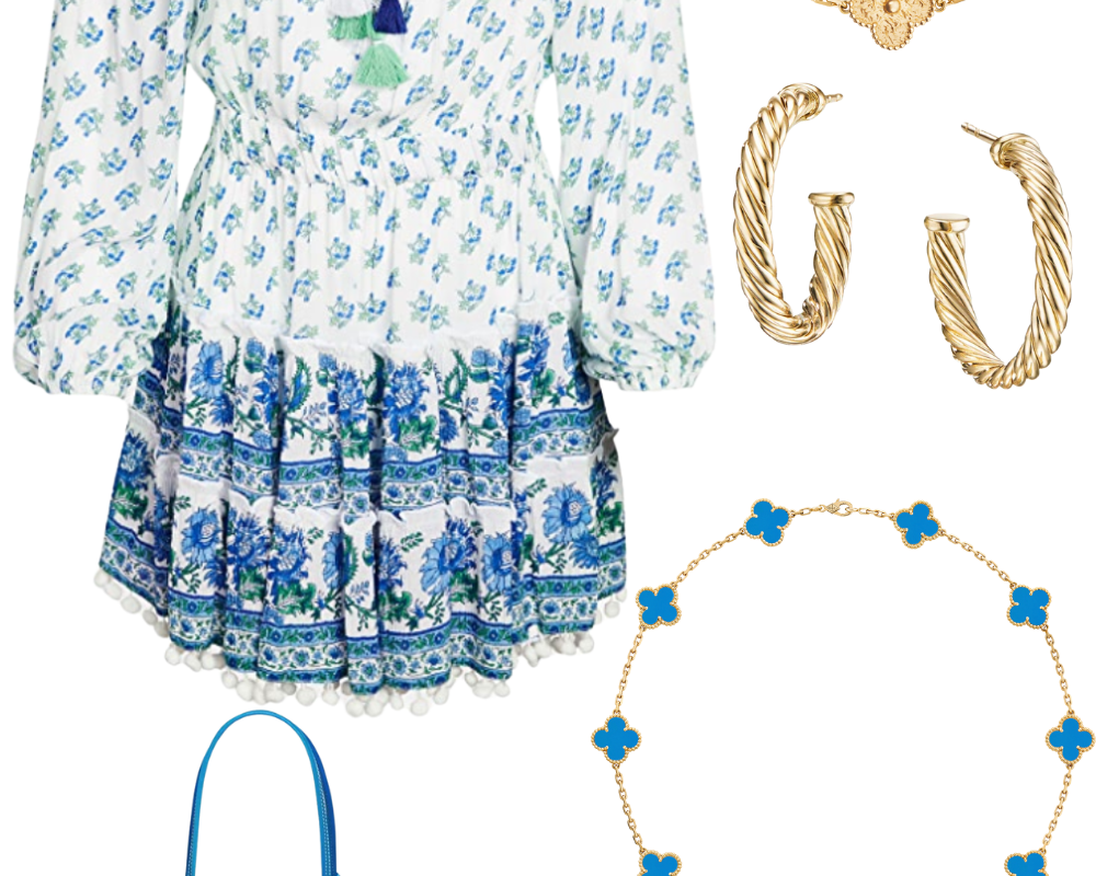 spring outfit idea with blue dress and blue goyard tote