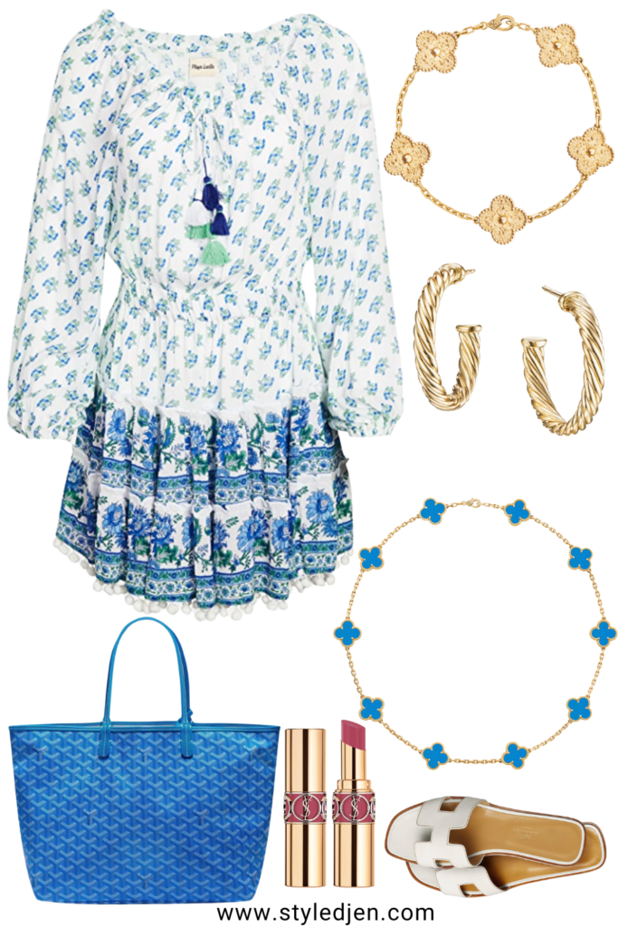 spring outfit idea with blue dress and blue goyard tote