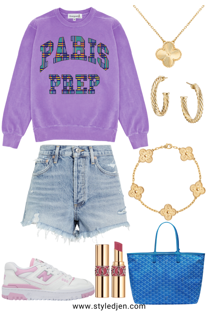 spring outfit ideas with paris sweatshirt and denim shorts