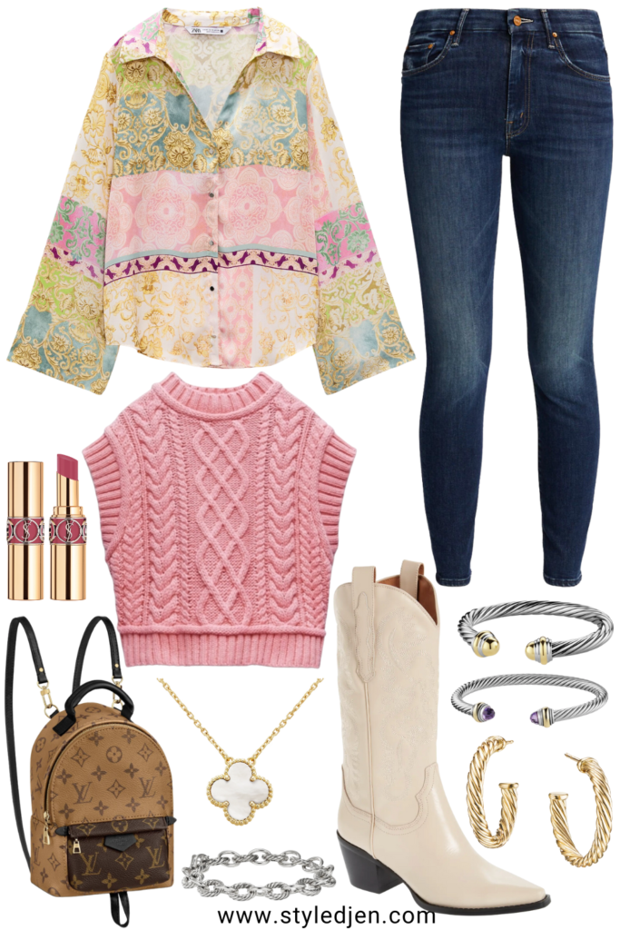 zara patchwork blouse with pink sweater vest and cowgirl boots