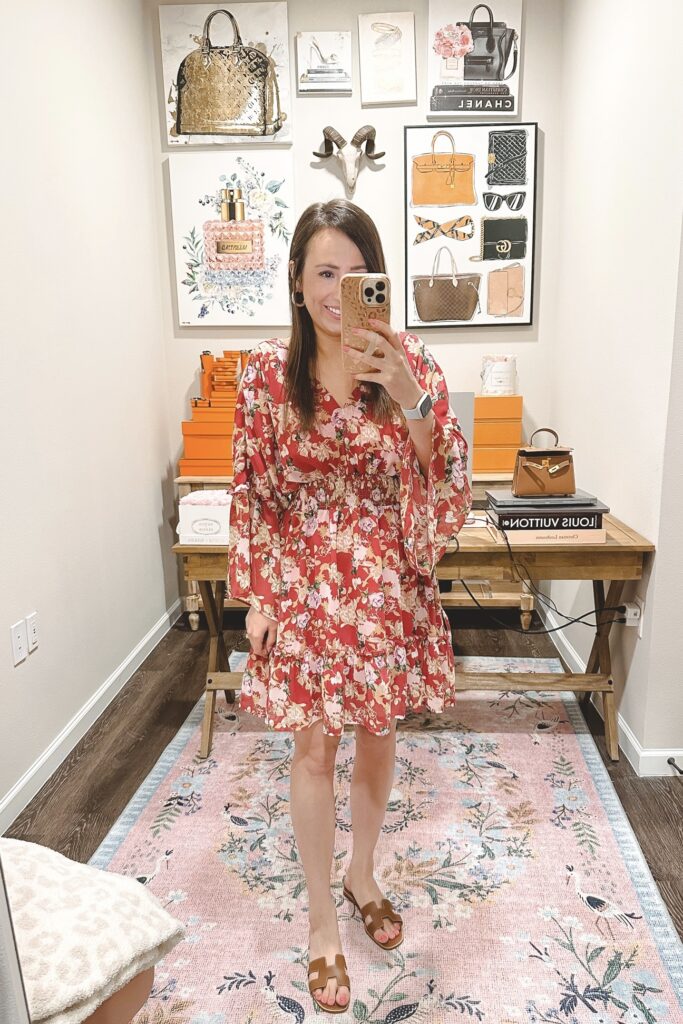 amazon red floral mini dress with hermes gold oran sandals