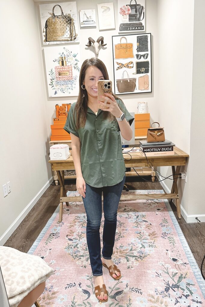 amazon olive green button down with dark blue skinny jeans and hermes oran sandals