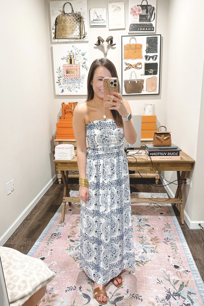 amazon blue floral strapless maxi dress with hermes gold oran sandals