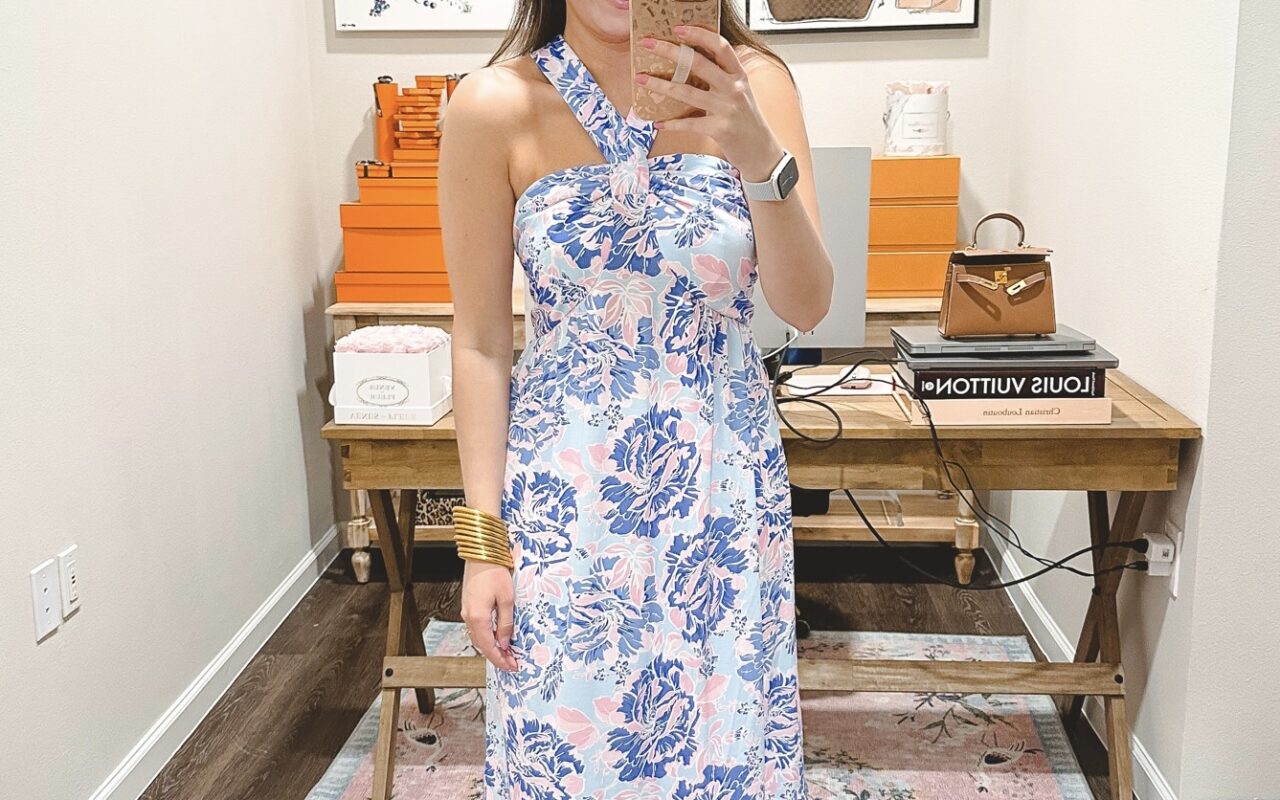 amazon blue pink floral maxi halter dress with marc fisher gold sandals