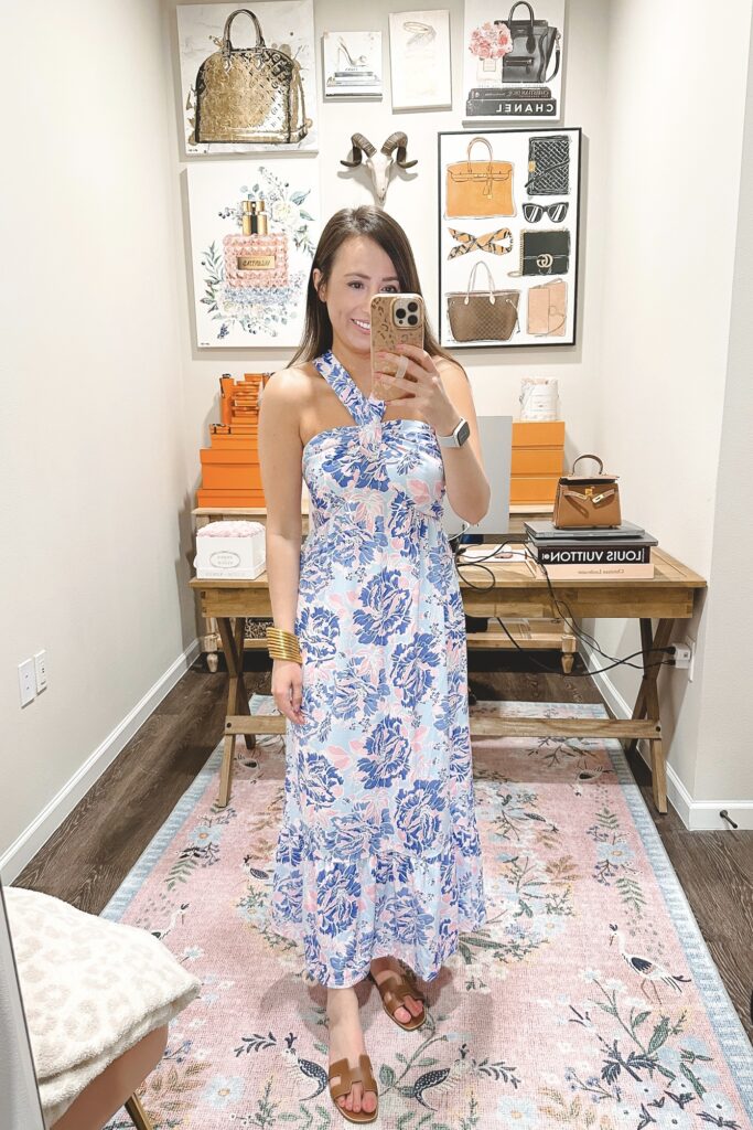 amazon blue pink floral maxi halter dress with marc fisher gold sandals