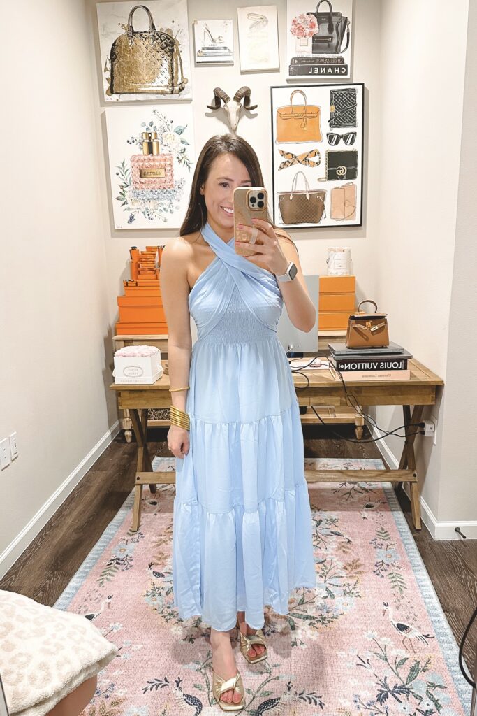 amazon baby blue halter midi dress with marc fisher gold sandals