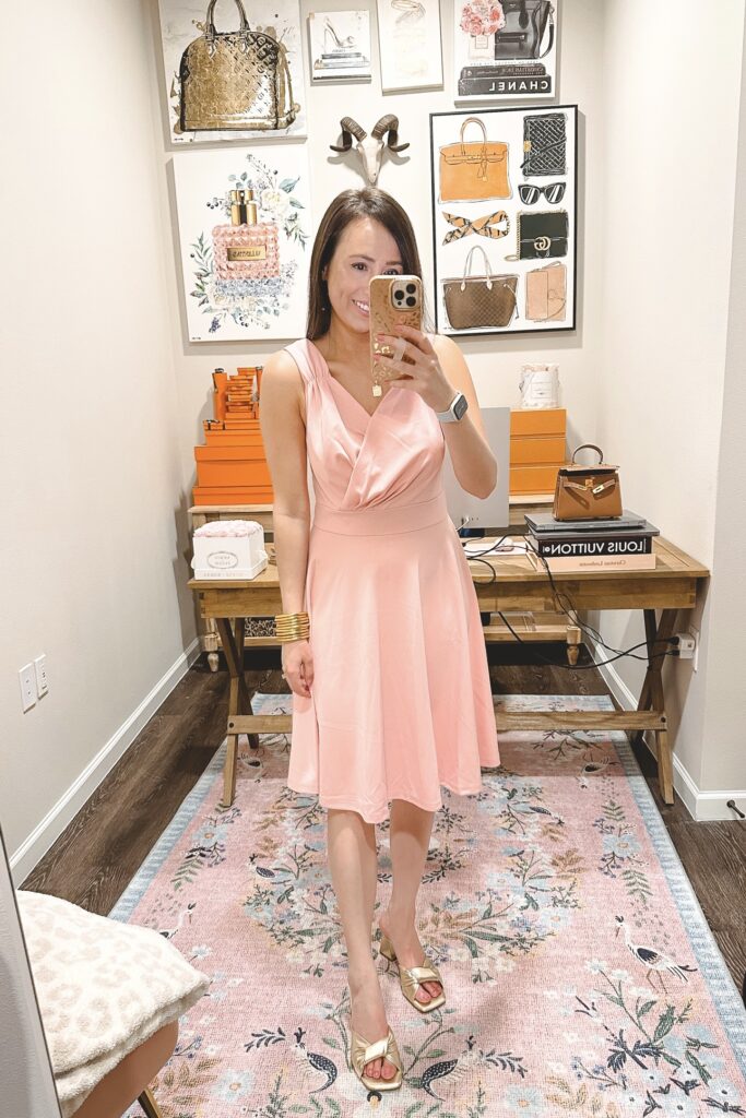 amazon pink flare dress with marc fisher gold sandals