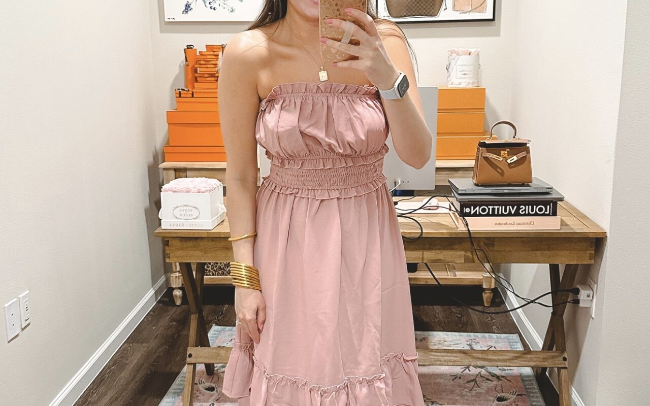 amazon pink strapless ruffle dress with marc fisher gold sandals