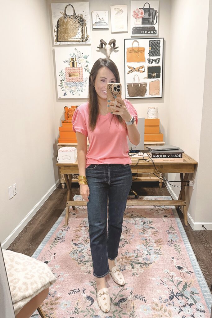 Amazon pink puff sleeve top with agolde riley jeans and bee mules