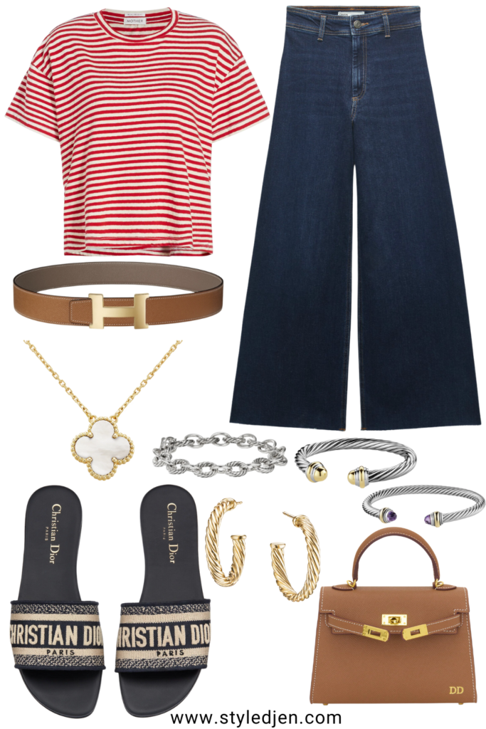 Red stripe tee with zara marine jeans and hermes mini kelly dupe