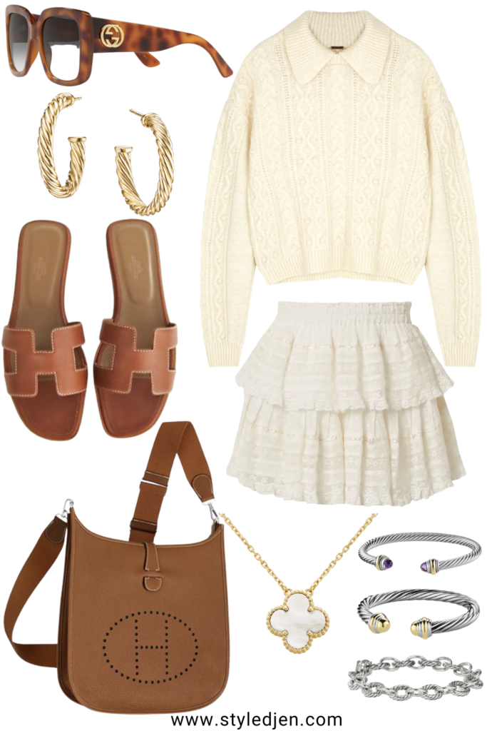 free people ivory every cloud sweater with loveshackfancy ruffle skirt and hermes oran sandals