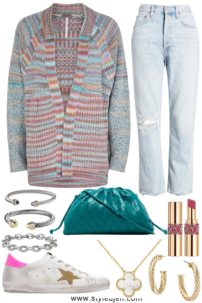 free people sedona cardigan with agolde jeans and golden goose sneakers