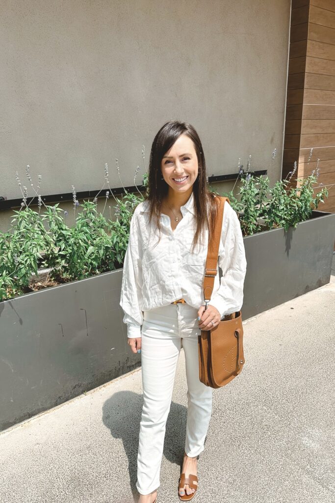 white linen button down with mother cream denim and hermes evelyne bag