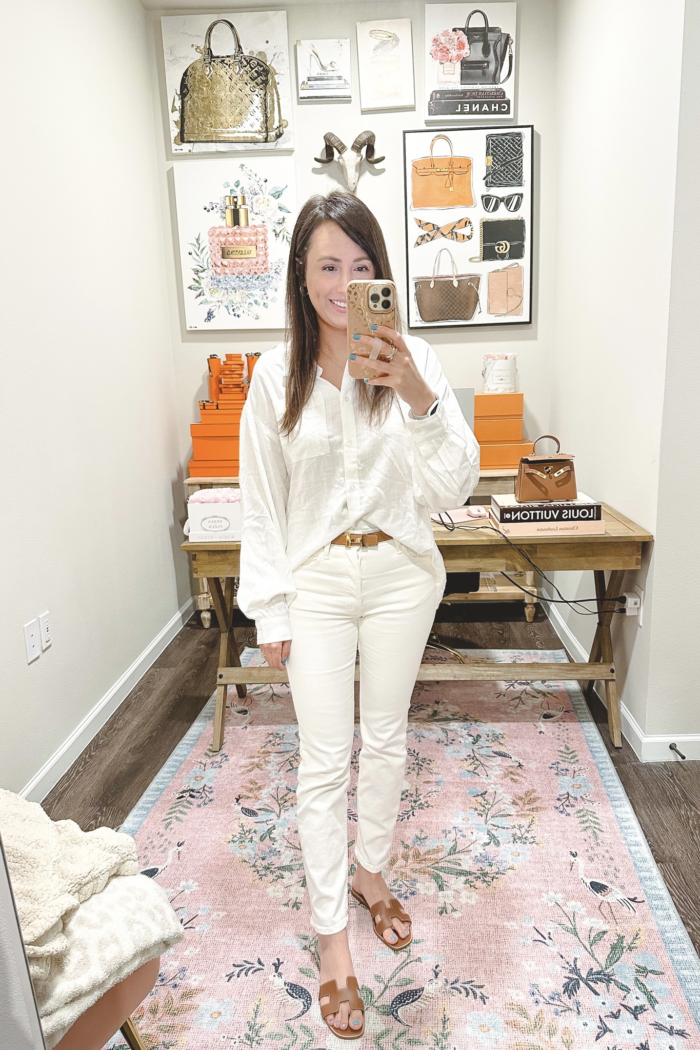white linen button down with mother cream denim and hermes belt