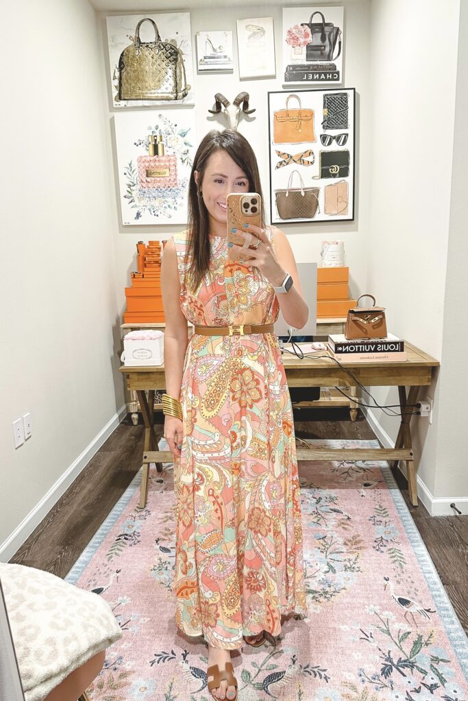 Peach multi print maxi dress with hermes belt