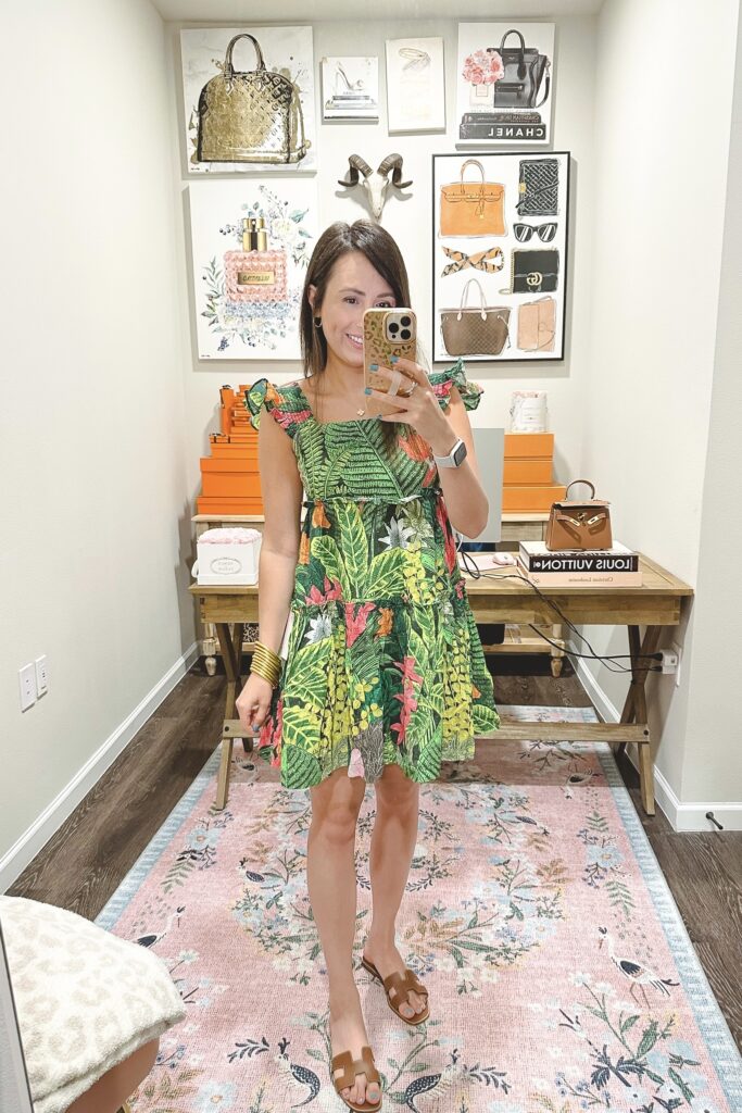 Green tropical print mini dress with hermes oran sandals