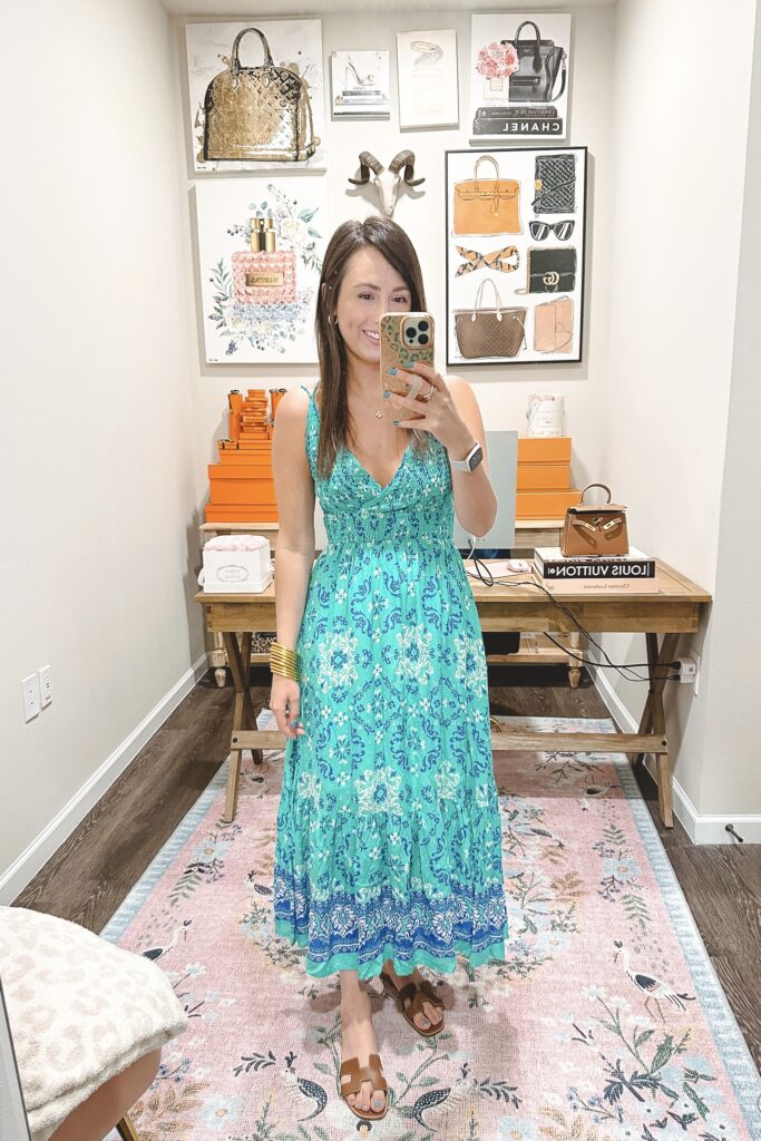 Flying tomato teal print midi dress with hermes oran sandals