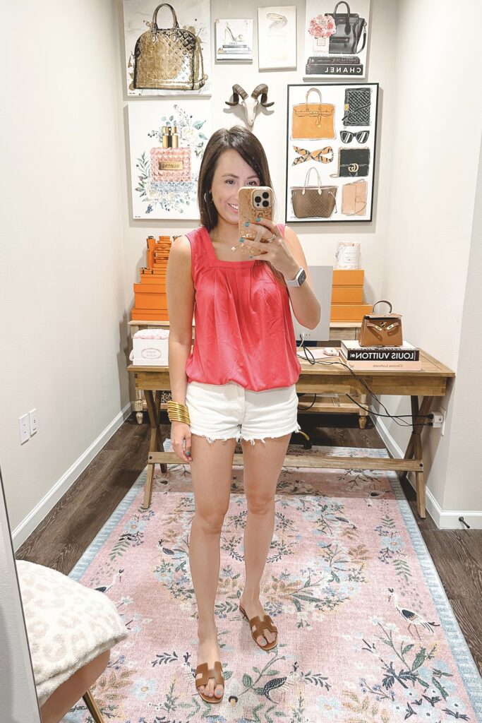 Amazon pink square neck tank top with white denim shorts and hermes oran sandals