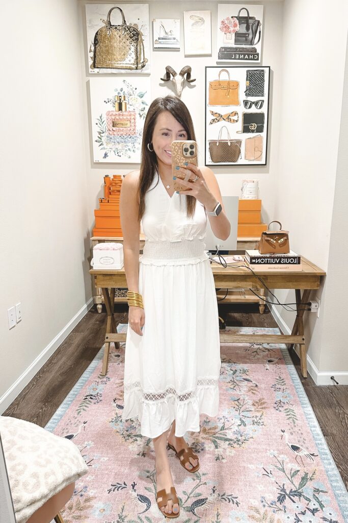 Amazon white halter midi dress with hermes oran sandals