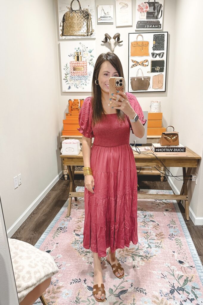 amazon red smocked puff sleeve midi dress with gold sandals