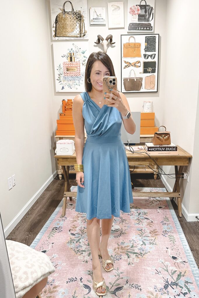 amazon blue flare dress with gold sandals