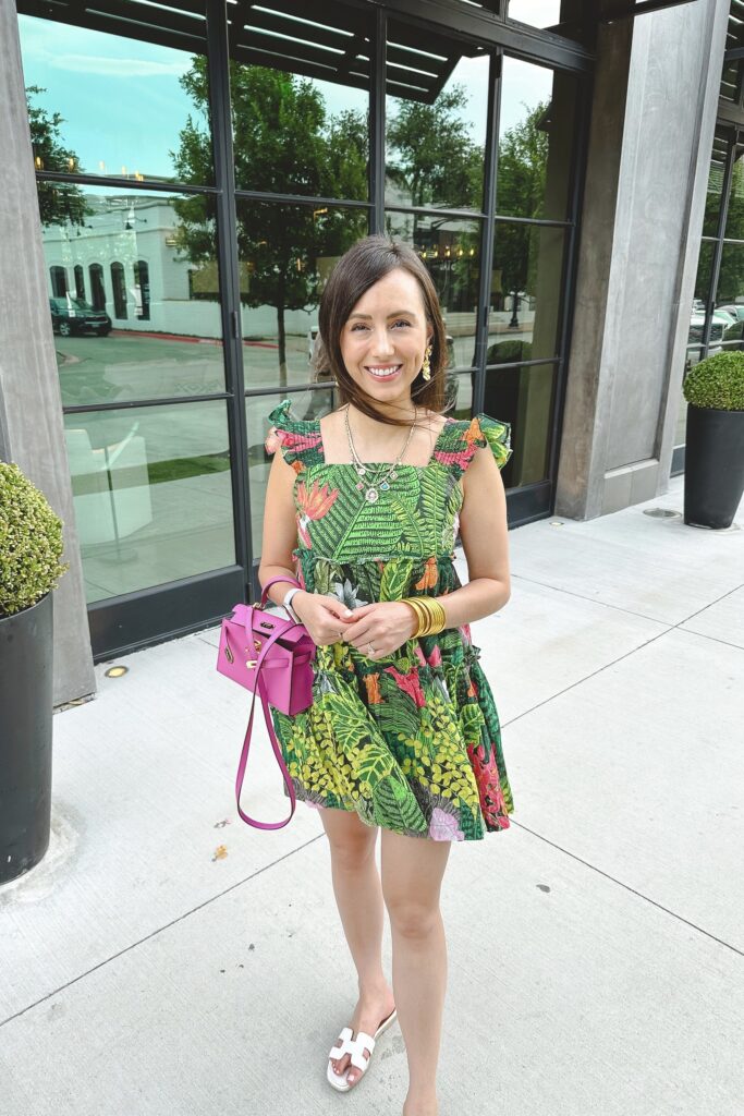 Green tropical print dress with hermes white oran sandals dupe