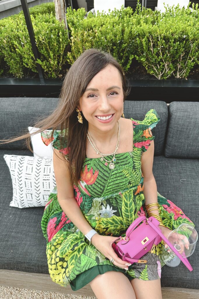 Green tropical print dress with pink mini kelly