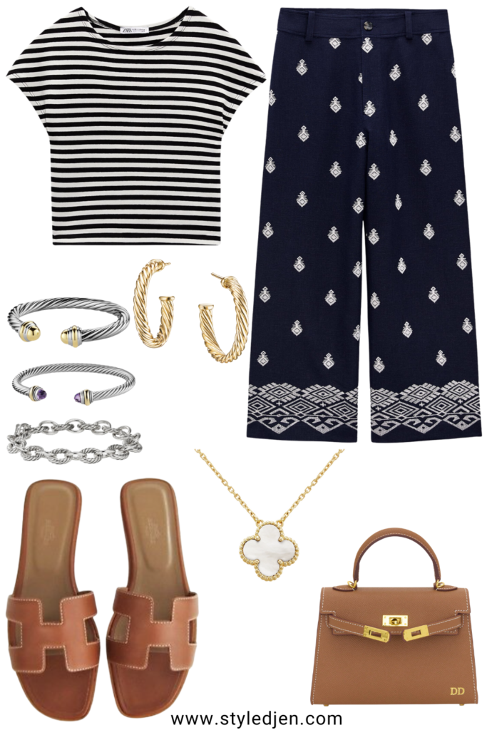 Zara printed linen blend navy pants with stripe tshirt and hermes gold oran sandals