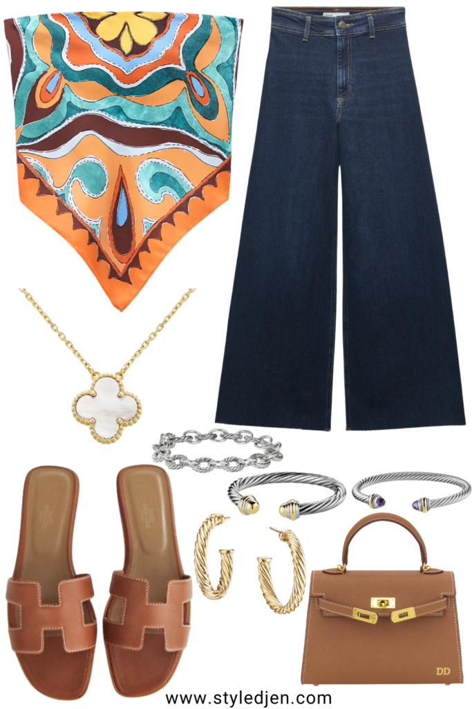 Zara scarf top with sailor jeans and hermes oran sandals