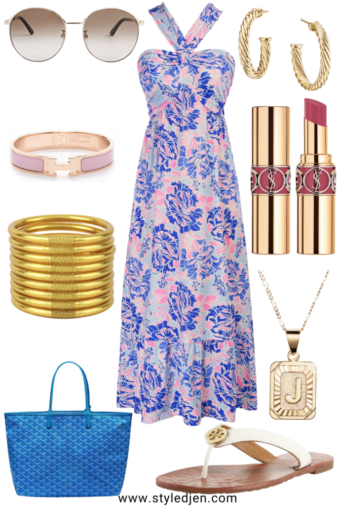 amazon blue pink floral maxi halter dress with goyard st louis blue