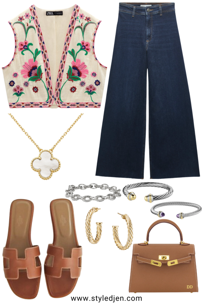 zara embroidered vest with sailor jeans and hermes oran sandals