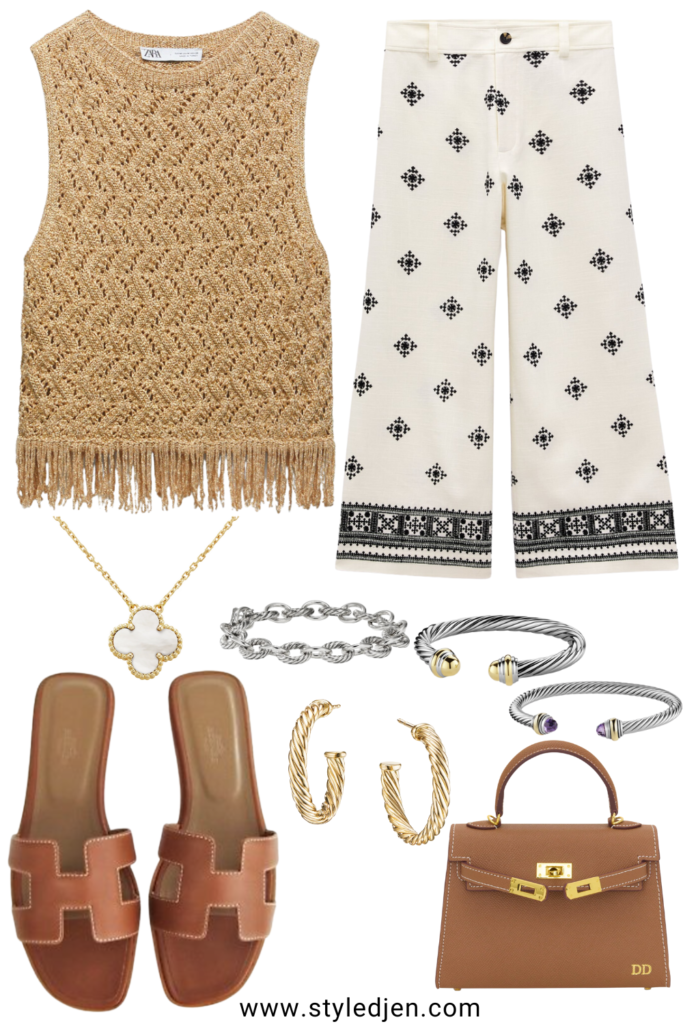zara gold fringed tank with linen printed pants and hermes oran sandals