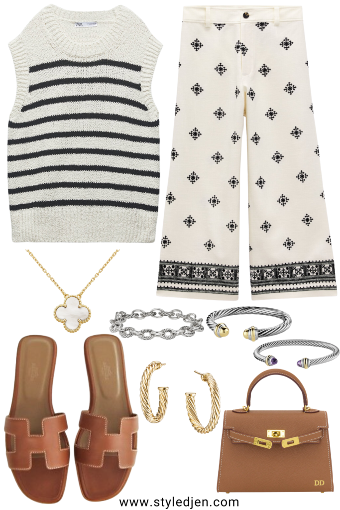 zara striped knit sweater with linen printed pants and hermes oran sandals