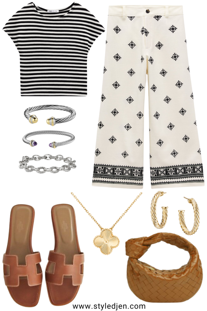 Zara striped tee with ivory printed linen pants and hermes gold oran sandals