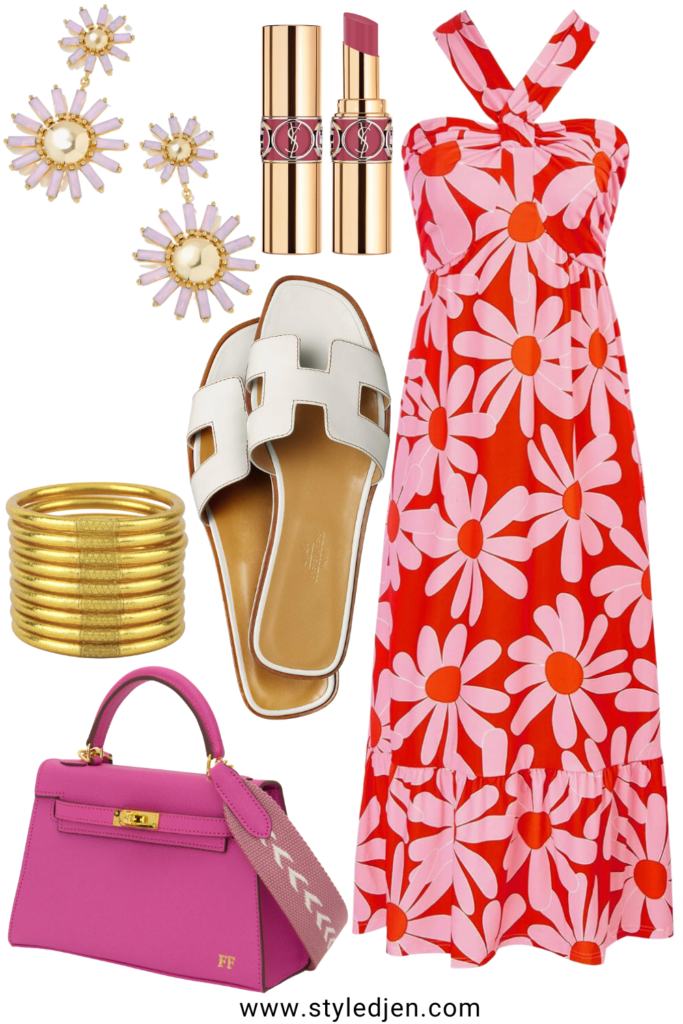 amazon daisy halter maxi dress with mini kelly dupe and hermes oran white sandals