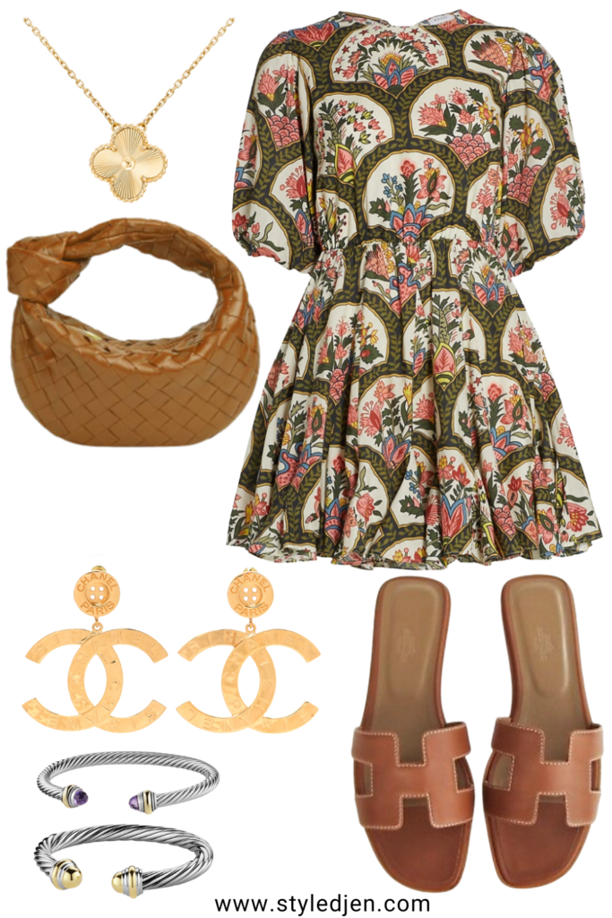 rhode molly dress with bottega veneta mini jodie caramel and hermes oran sandals