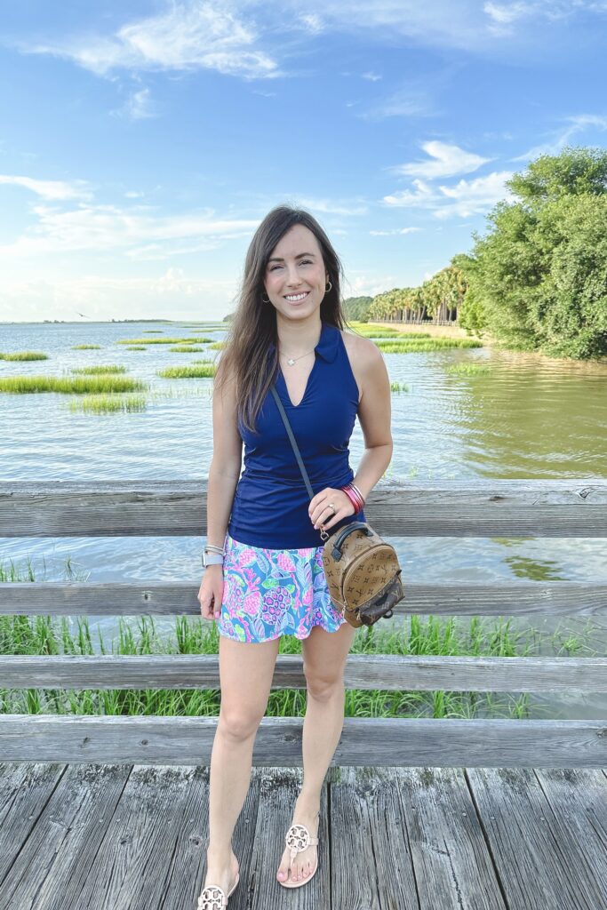 Lilly pulitzer lakelyn navy polo tank with aila turtle skort and louis vuitton palm springs mini