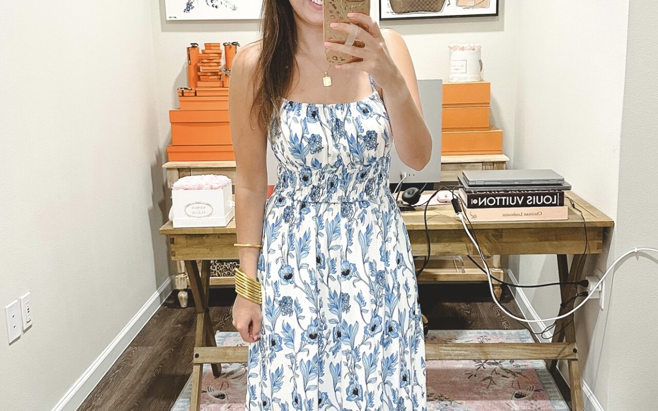 Amazon spaghetti strap blue floral maxi dress with white studded sandals