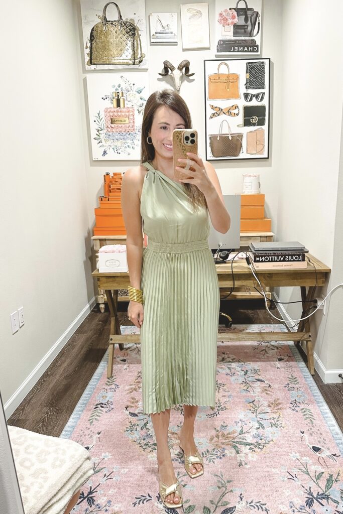 Amazon sage green pleated midi dress with gold sandals