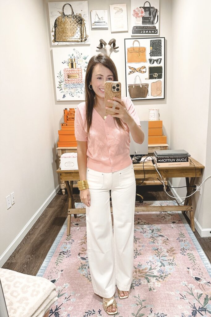 Amazon pink short sleeve sweater top with dl1961 white hepburn wide leg jeans