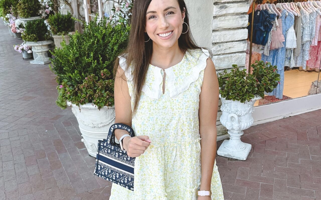 Yellow floral collared dress with dior mini book tote